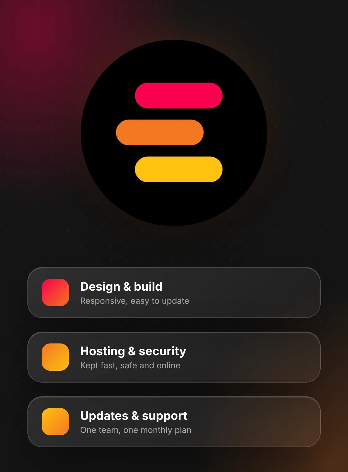 The Excelsites mark above three service cards: design and build, hosting and security, updates and support