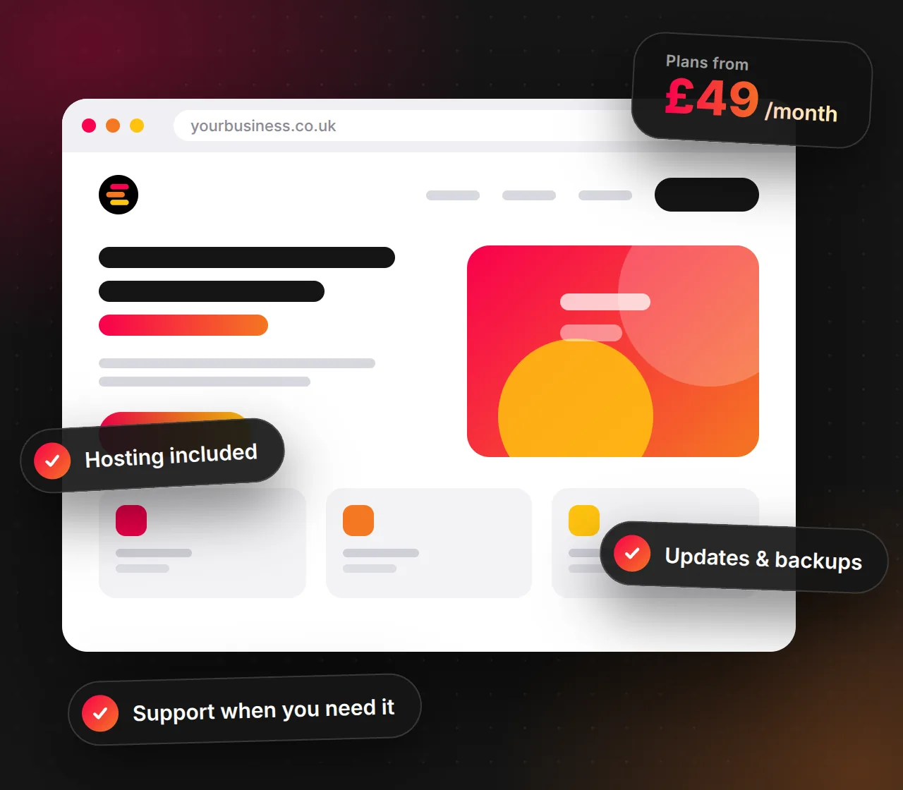 Illustration of a business website with hosting, updates and support included from £49 a month
